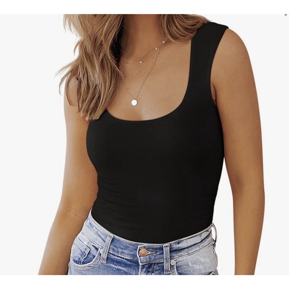 Pinkmstyle Square Neck Tank Top, Black, Medium